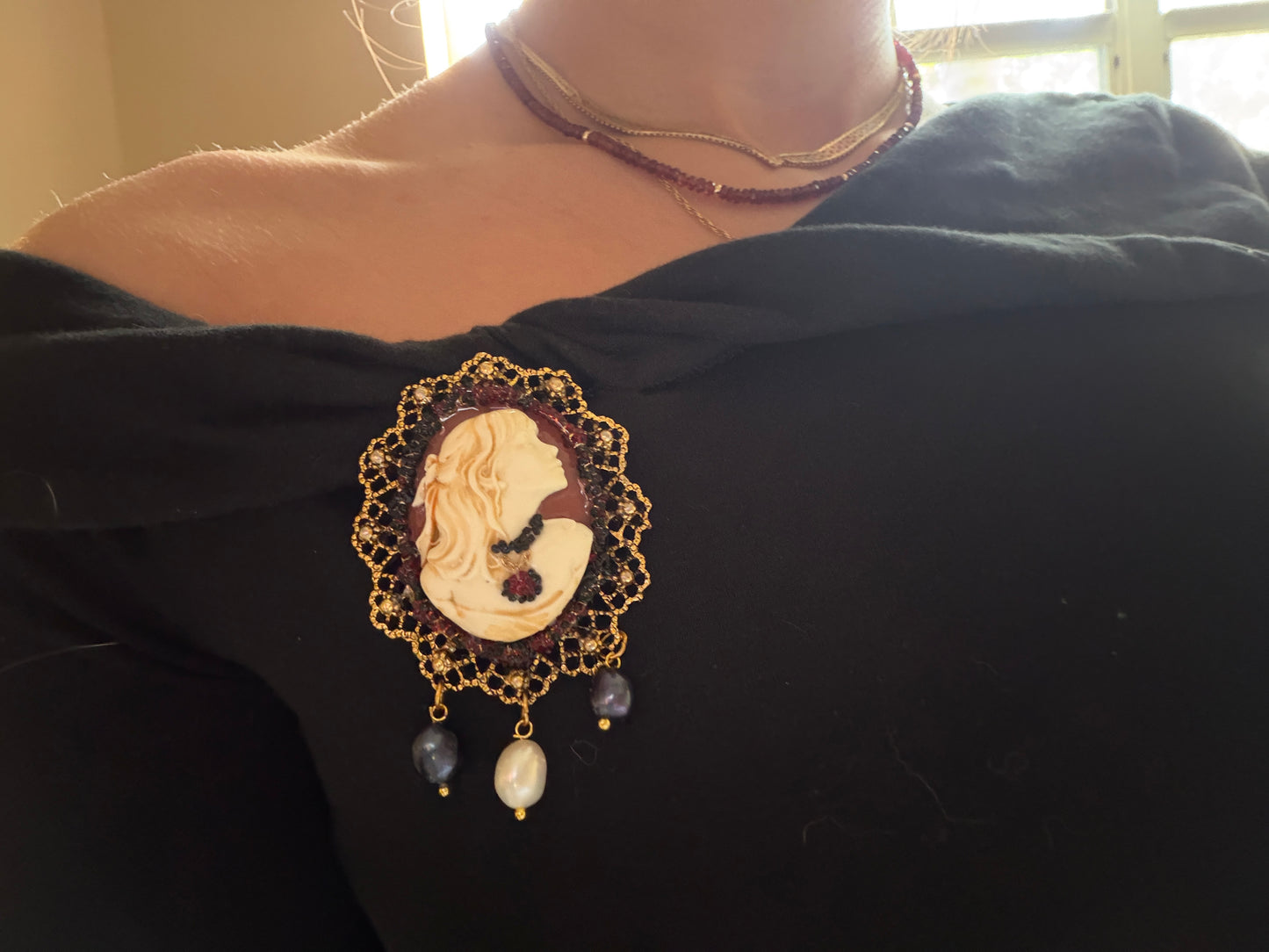 Handmade Victorian Cameo Brooch with Black and White Pearl Drops