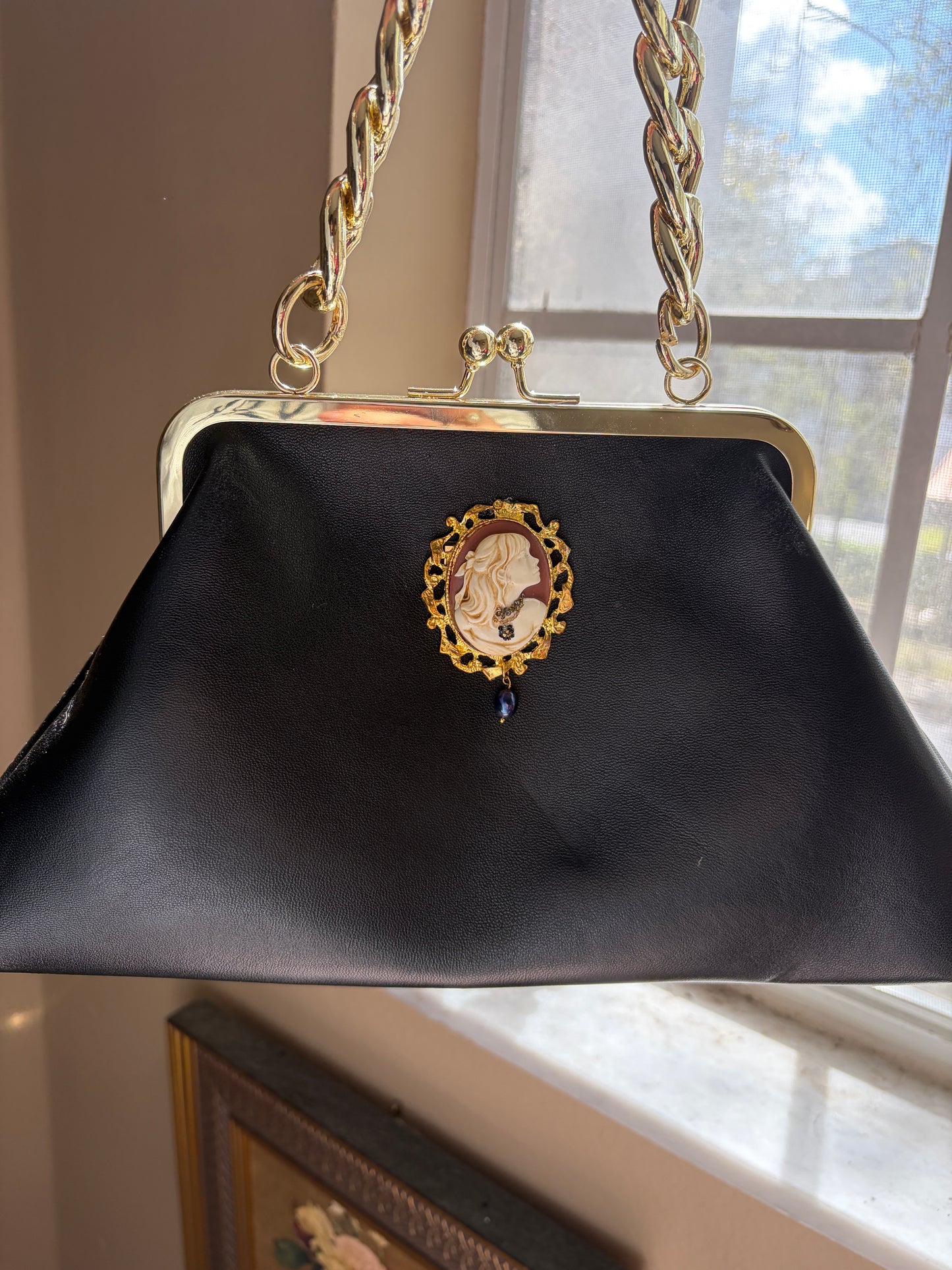 Handmade Victorian Cameo Brooch with Black Pearl Drop and Gold Frame