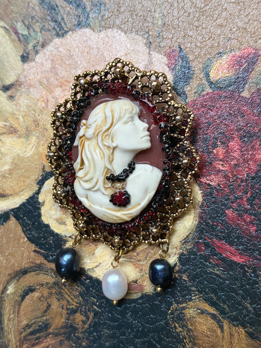 Handmade Victorian Cameo Brooch with Black and White Pearl Drops