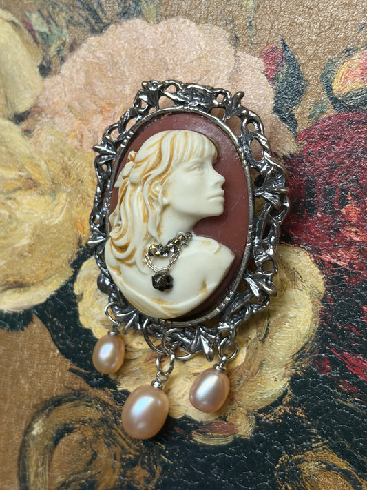 Handmade Victorian Cameo Brooch with Blush Pearl Drops