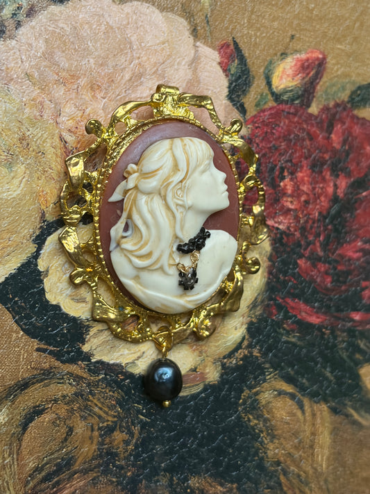 Handmade Victorian Cameo Brooch with Black Pearl Drop and Gold Frame