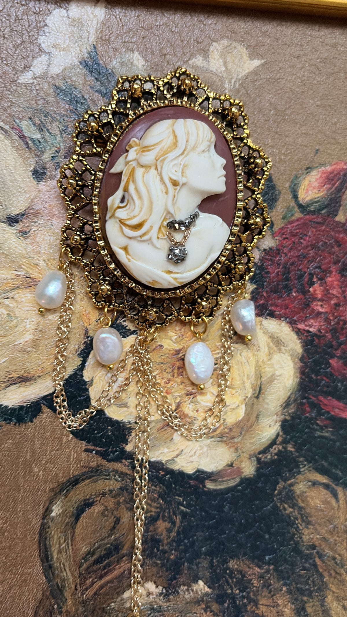 Handmade Victorian Cameo Brooch with Pearl Drops and Gold Swags