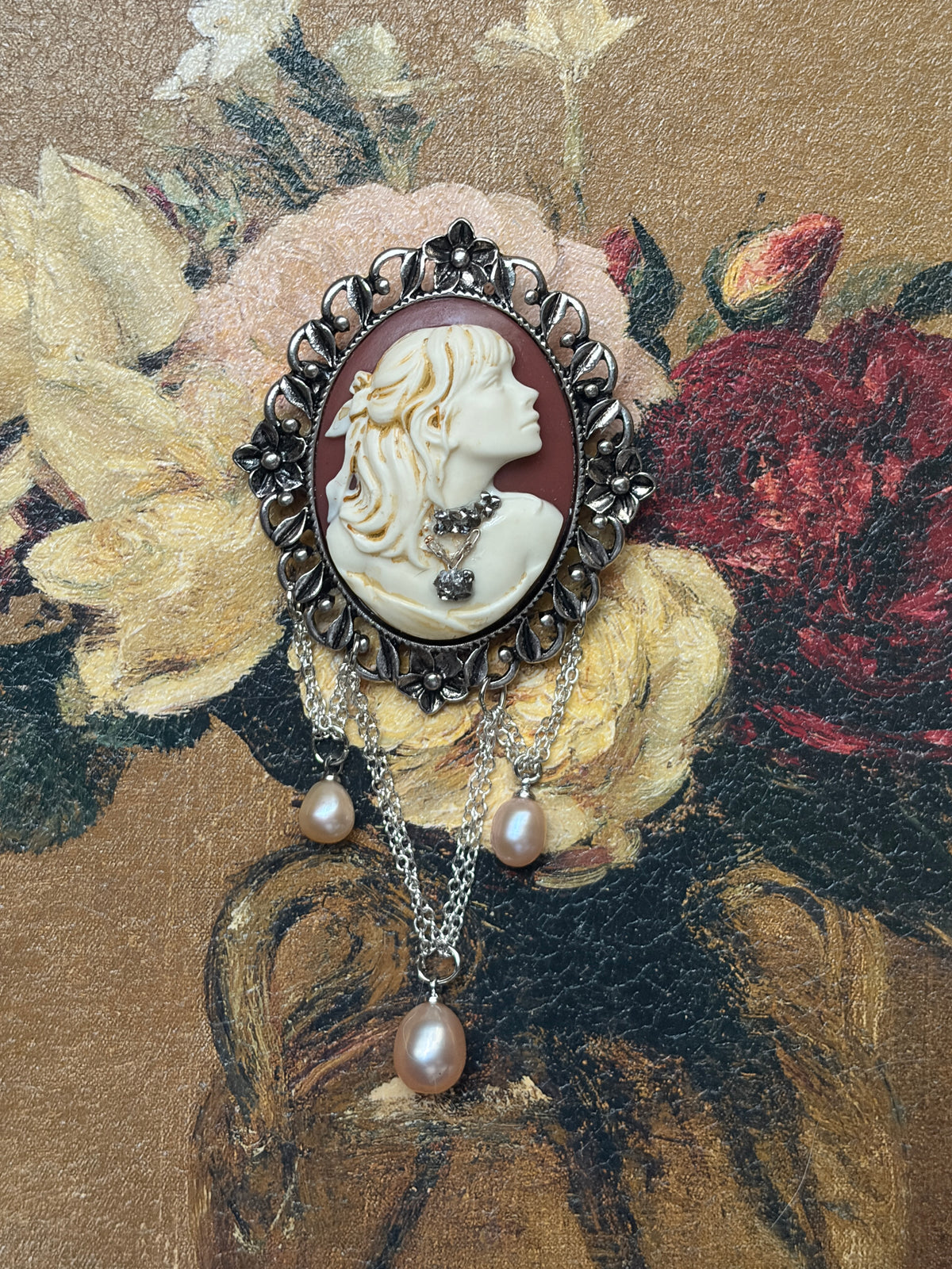 Handmade Victorian Cameo Brooch with Blush Pearl Drops and Chain Swags