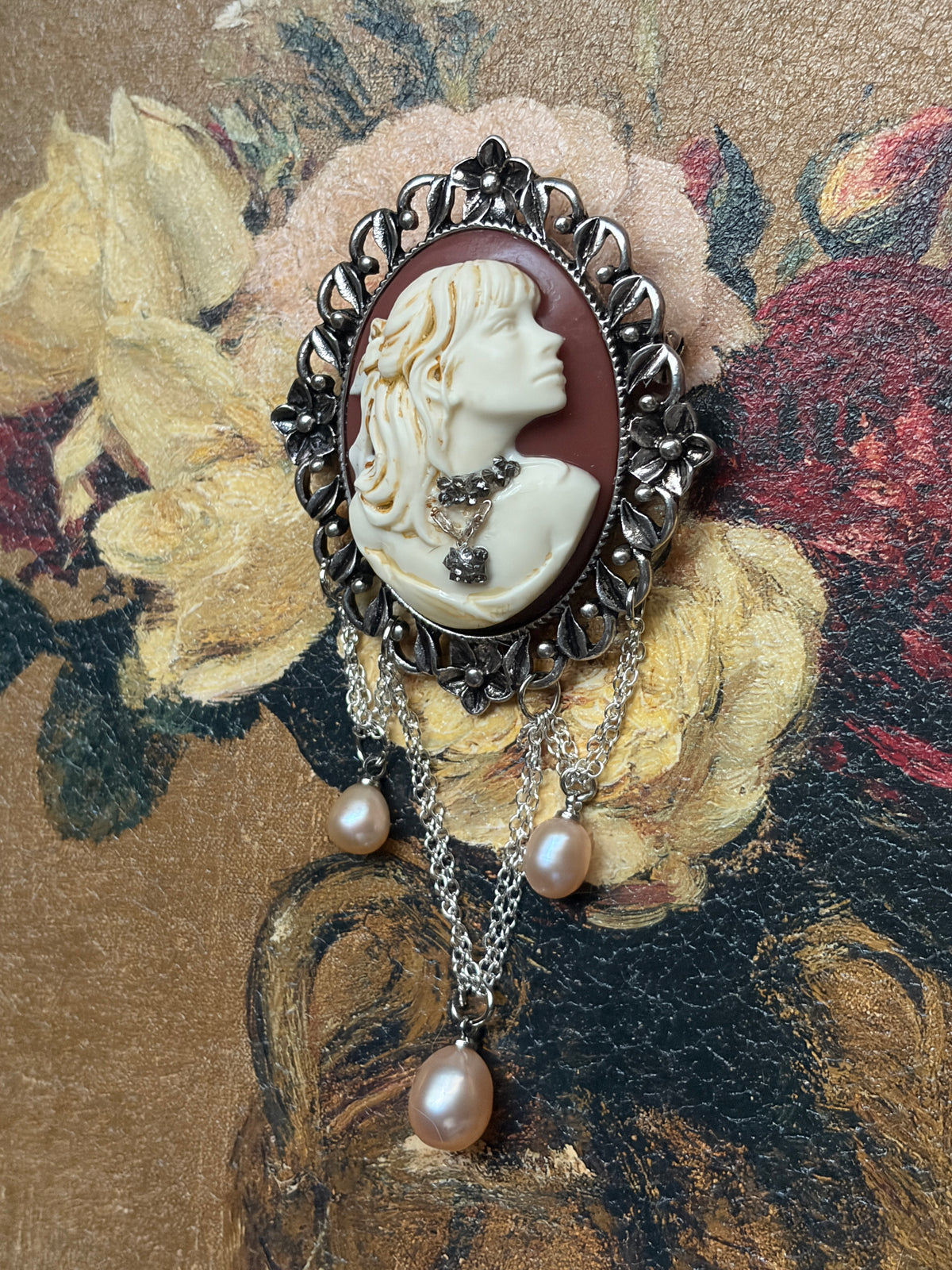 Handmade Victorian Cameo Brooch with Blush Pearl Drops and Chain Swags