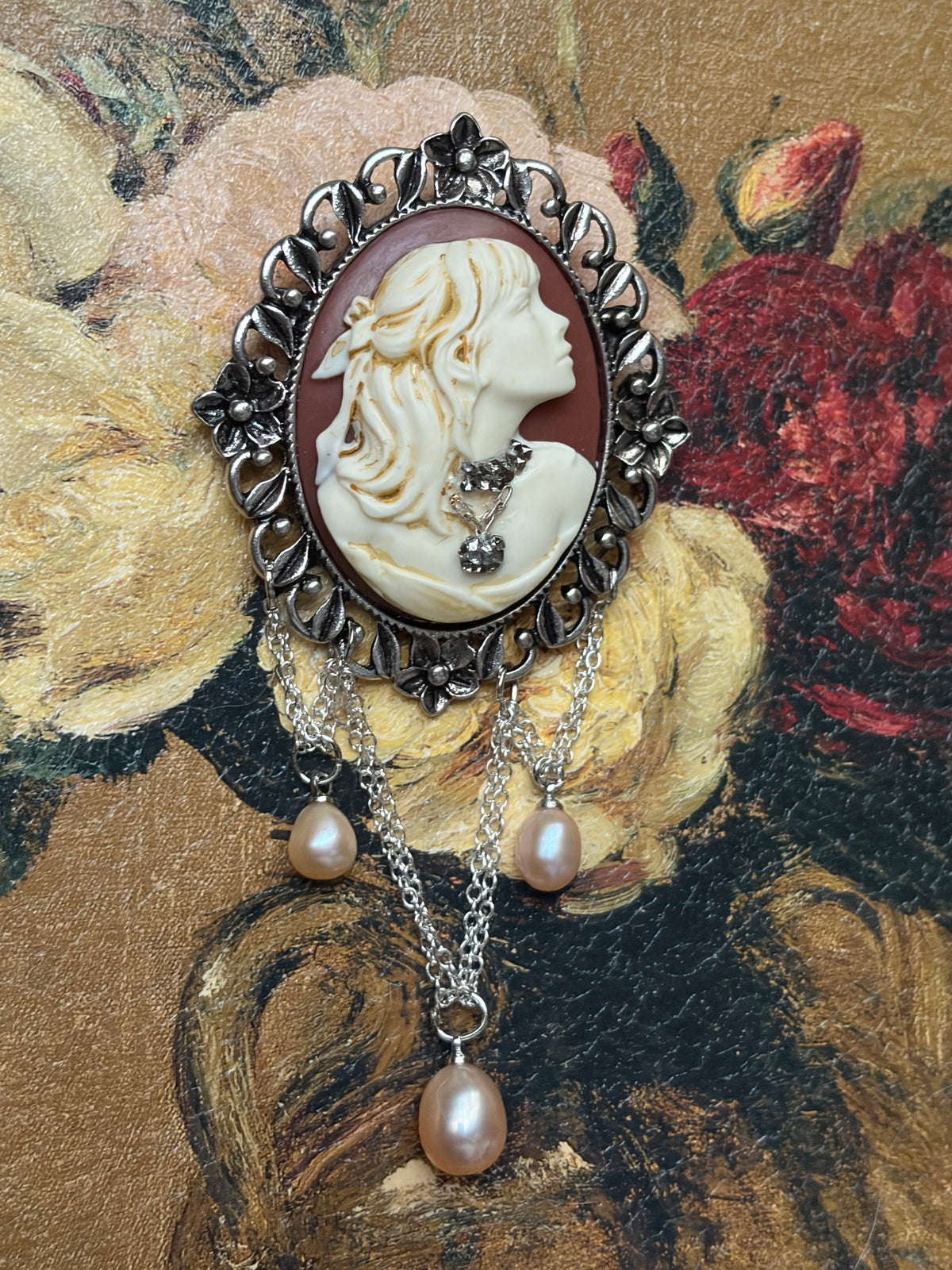 Handmade Victorian Cameo Brooch with Blush Pearl Drops and Chain Swags