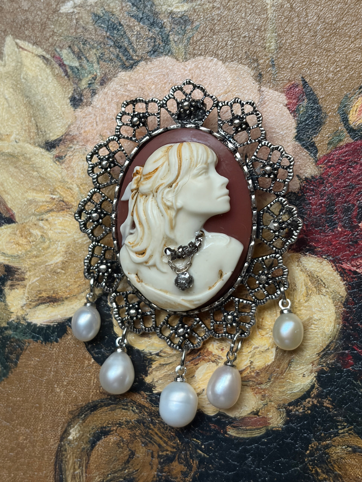 Handmade Victorian cameo brooch with five freshwater pearl drops and ornate filigree frame
