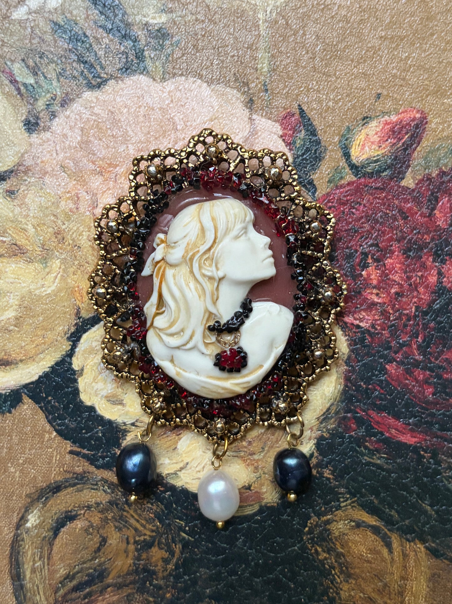 Handmade Victorian Cameo Brooch with Black and White Pearl Drops