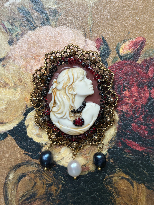 Handmade Victorian Cameo Brooch with Black and White Pearl Drops