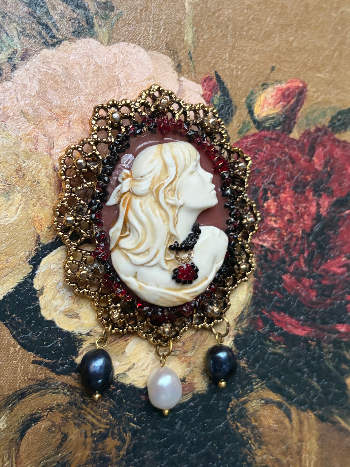 Handmade Victorian Cameo Brooch with Black and White Pearl Drops