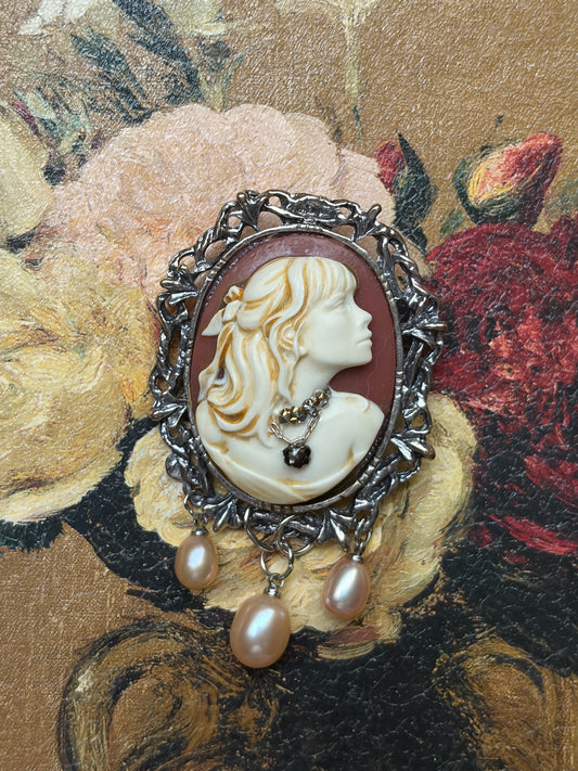 Handmade Victorian Cameo Brooch with Blush Pearl Drops