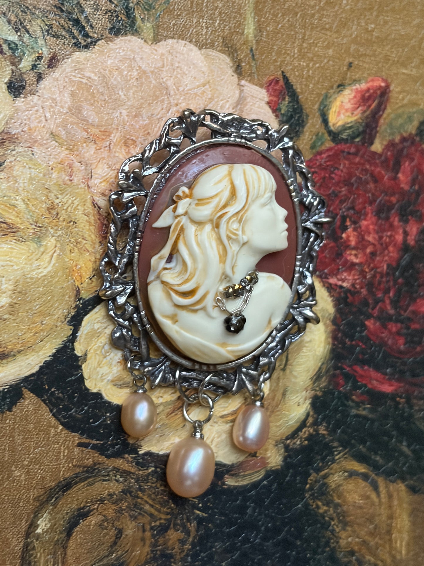 Handmade Victorian Cameo Brooch with Blush Pearl Drops