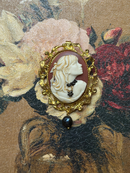 Handmade Victorian Cameo Brooch with Black Pearl Drop and Gold Frame