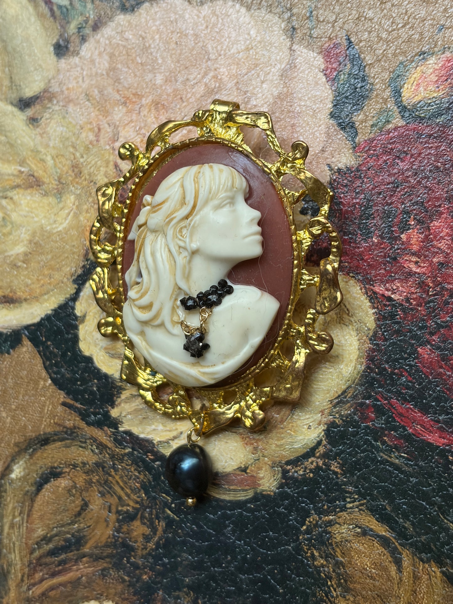 Handmade Victorian Cameo Brooch with Black Pearl Drop and Gold Frame