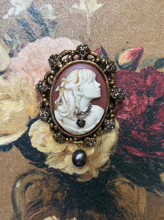 Handmade Victorian Cameo Brooch with Black Pearl Drop and Rhinestones