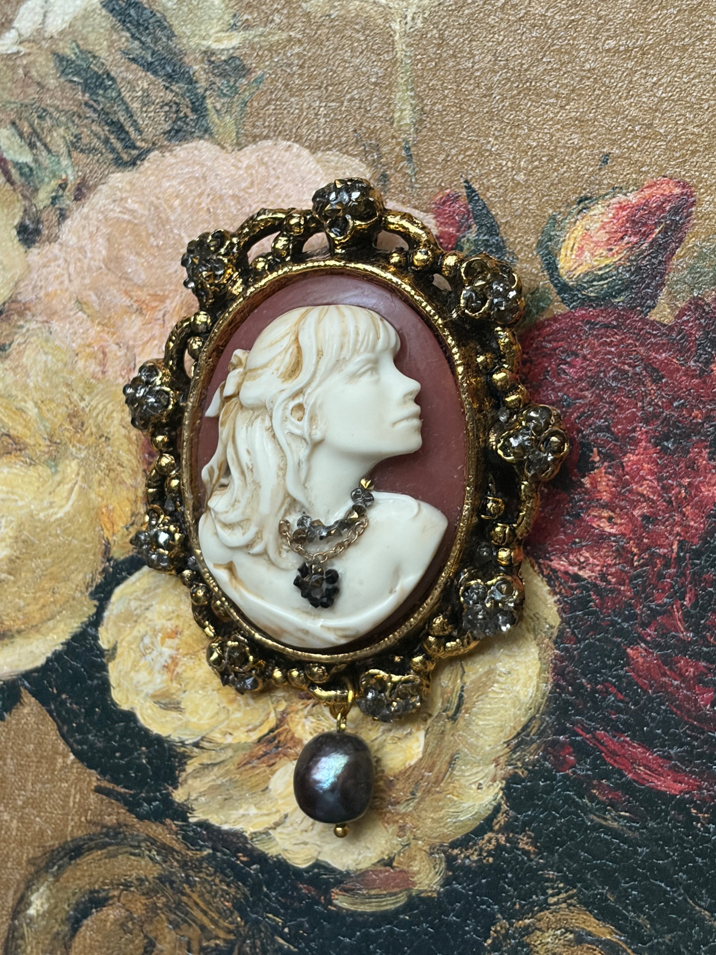 Handmade Victorian Cameo Brooch with Black Pearl Drop and Rhinestones