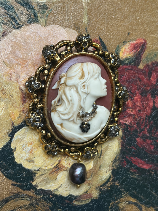 Handmade Victorian Cameo Brooch with Black Pearl Drop and Rhinestones