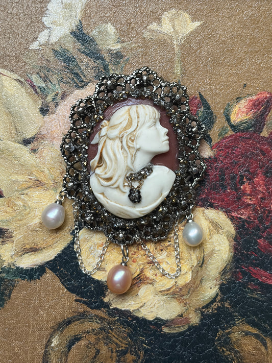 Handmade Victorian Cameo Brooch with Pearl Drops and Chain Swags