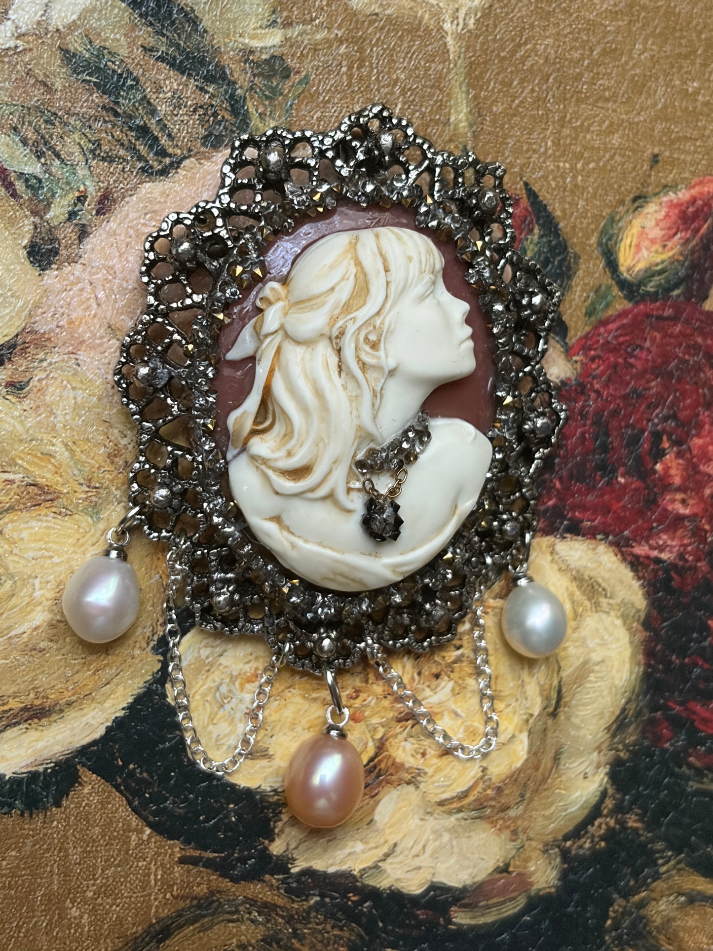 Handmade Victorian Cameo Brooch with Pearl Drops and Chain Swags