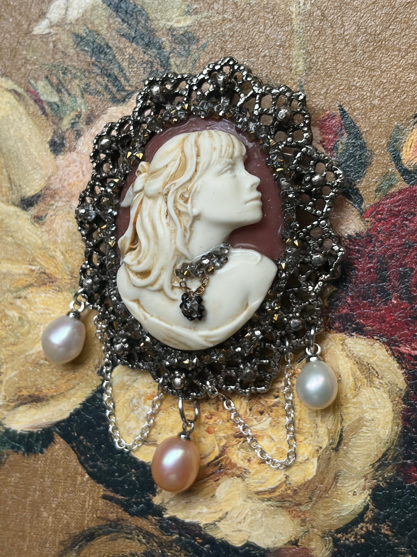 Handmade Victorian Cameo Brooch with Pearl Drops and Chain Swags