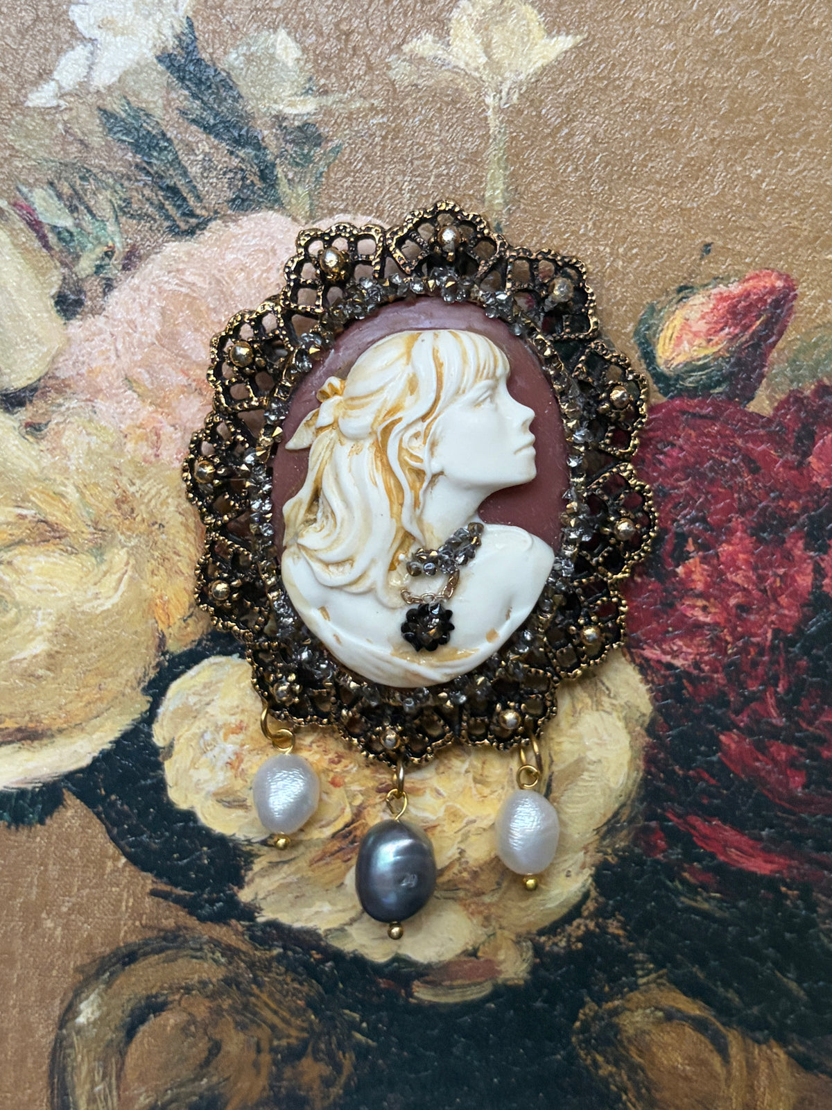 Handmade Victorian Cameo Brooch with Pearl Drops and Rhinestones