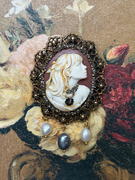 Handmade Victorian Cameo Brooch with Pearl Drops and Rhinestones