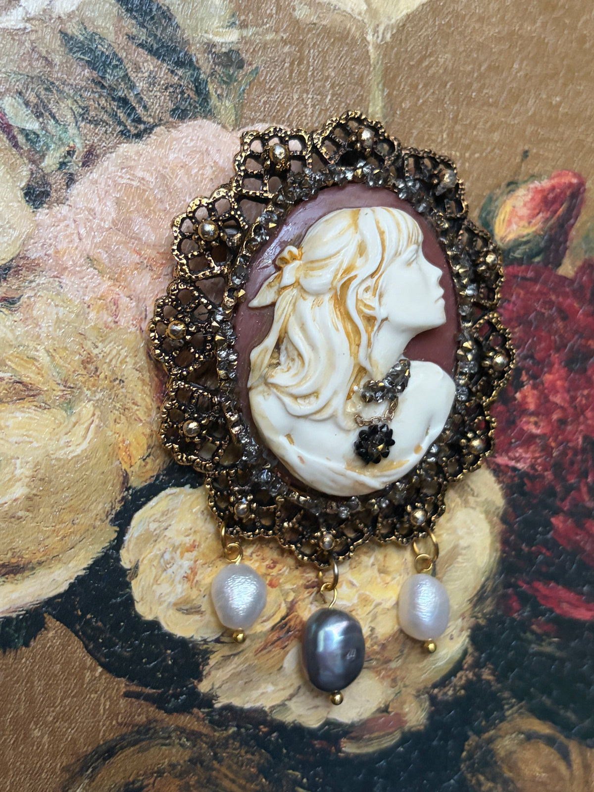 Handmade Victorian Cameo Brooch with Pearl Drops and Rhinestones