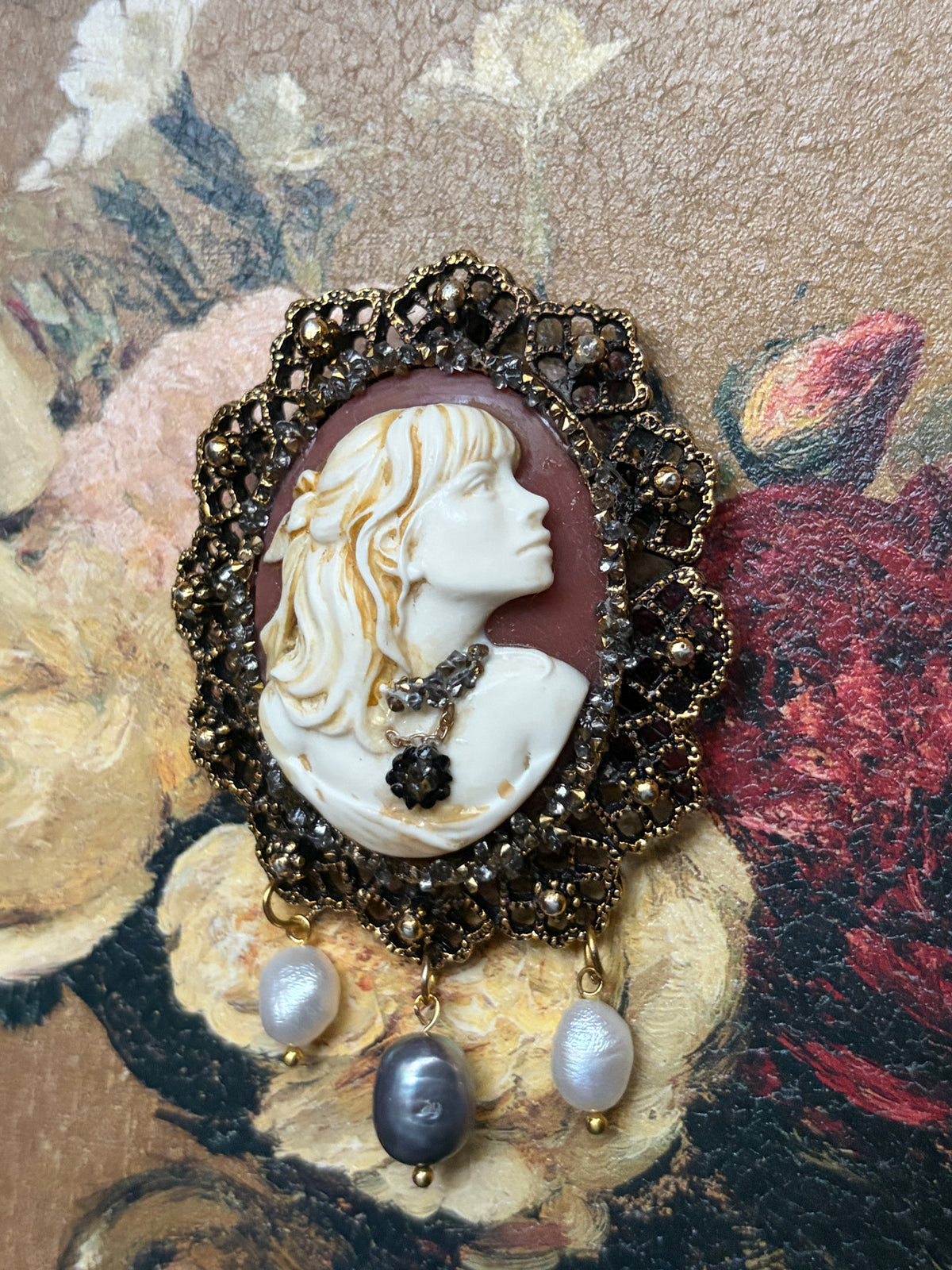 Handmade Victorian Cameo Brooch with Pearl Drops and Rhinestones