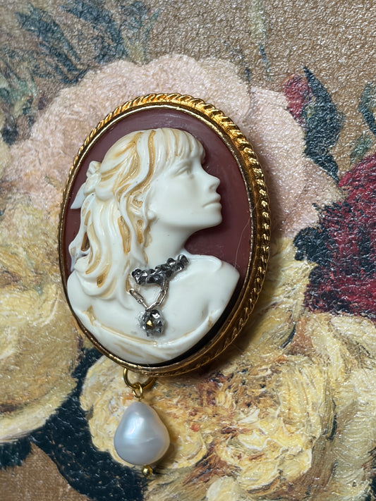 Handmade Victorian Cameo Brooch with Pearl Drop