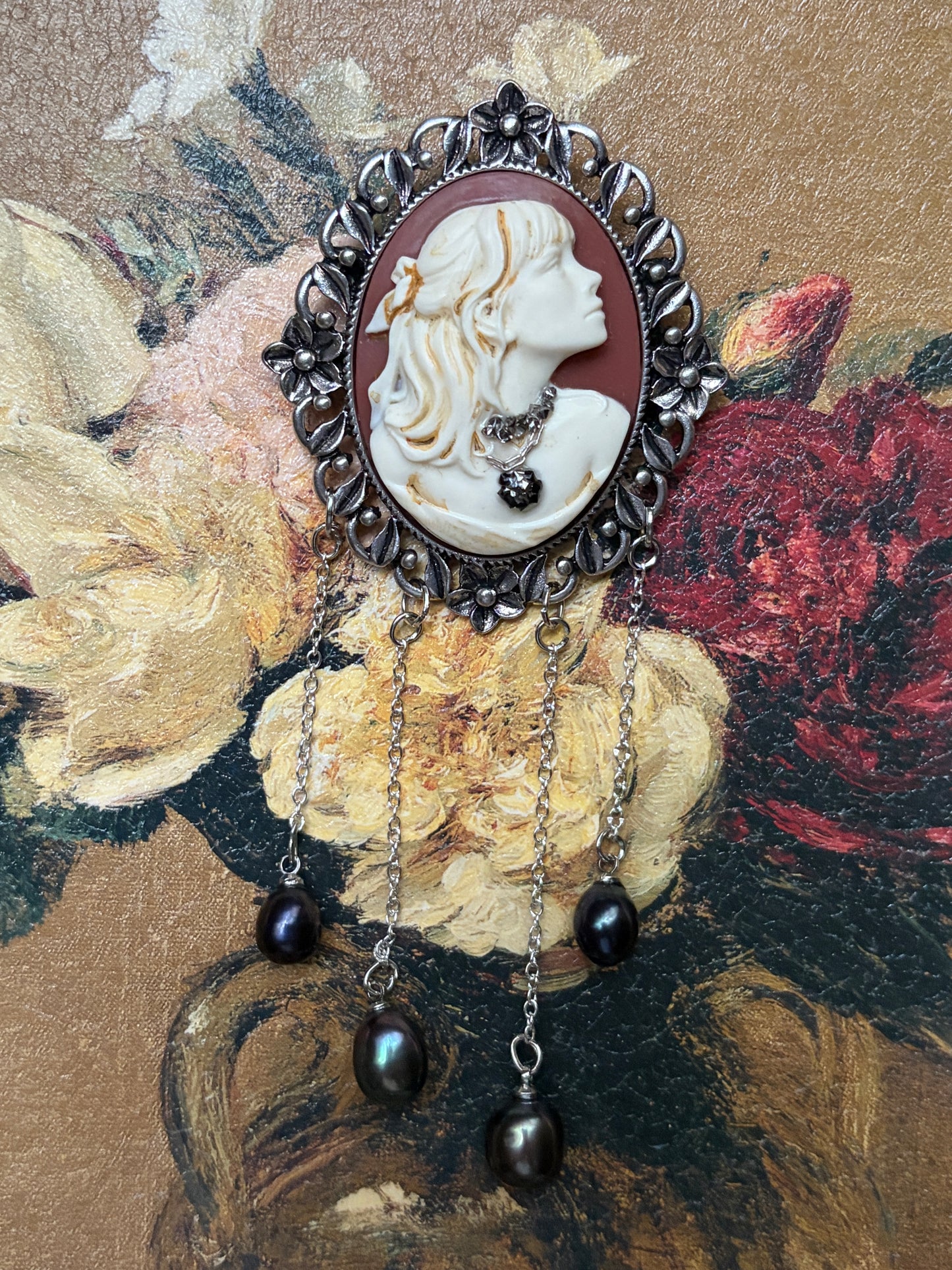 Handmade Victorian Cameo Brooch with Black Pearl Drops