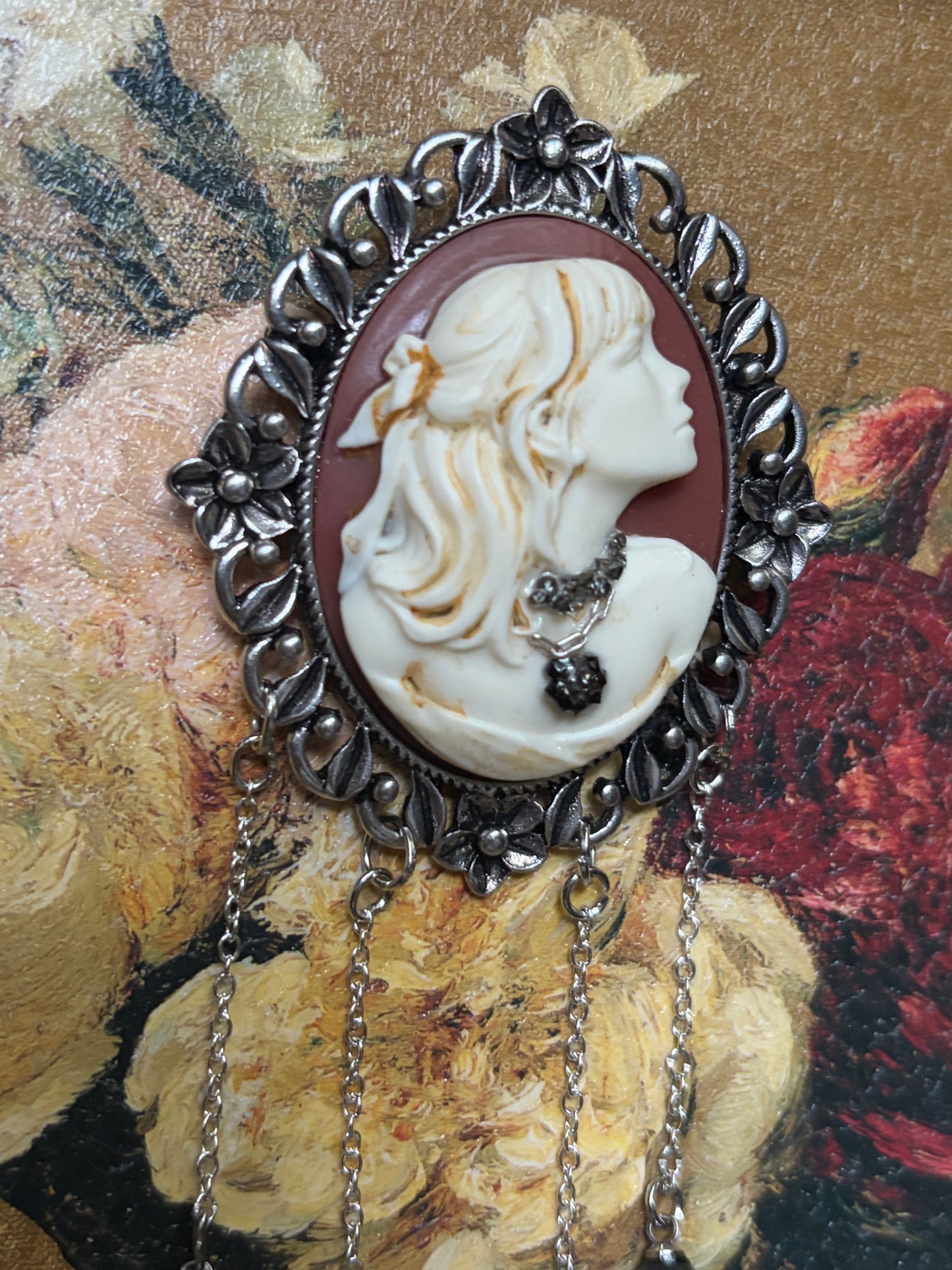 Handmade Victorian Cameo Brooch with Black Pearl Drops