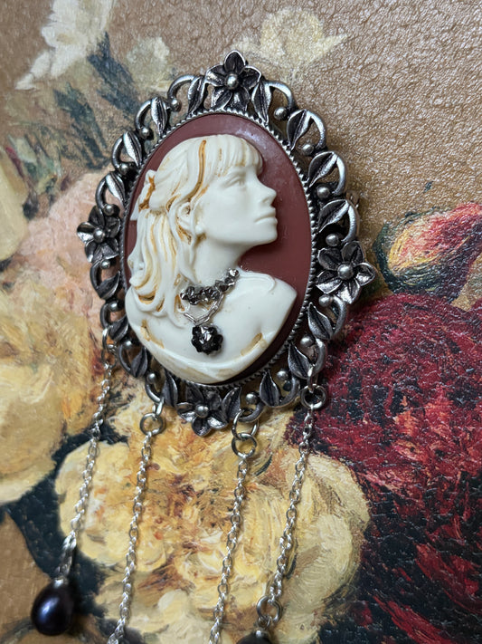 Handmade Victorian Cameo Brooch with Black Pearl Drops