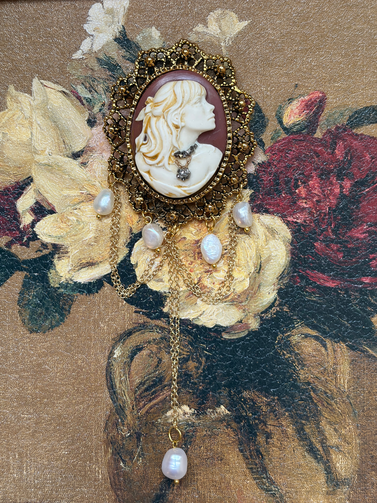 Handmade Victorian Cameo Brooch with Pearl Drops and Gold Swags