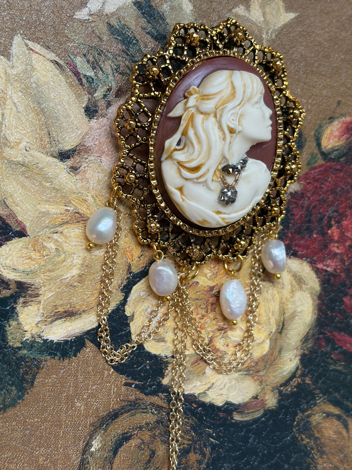 Handmade Victorian Cameo Brooch with Pearl Drops and Gold Swags