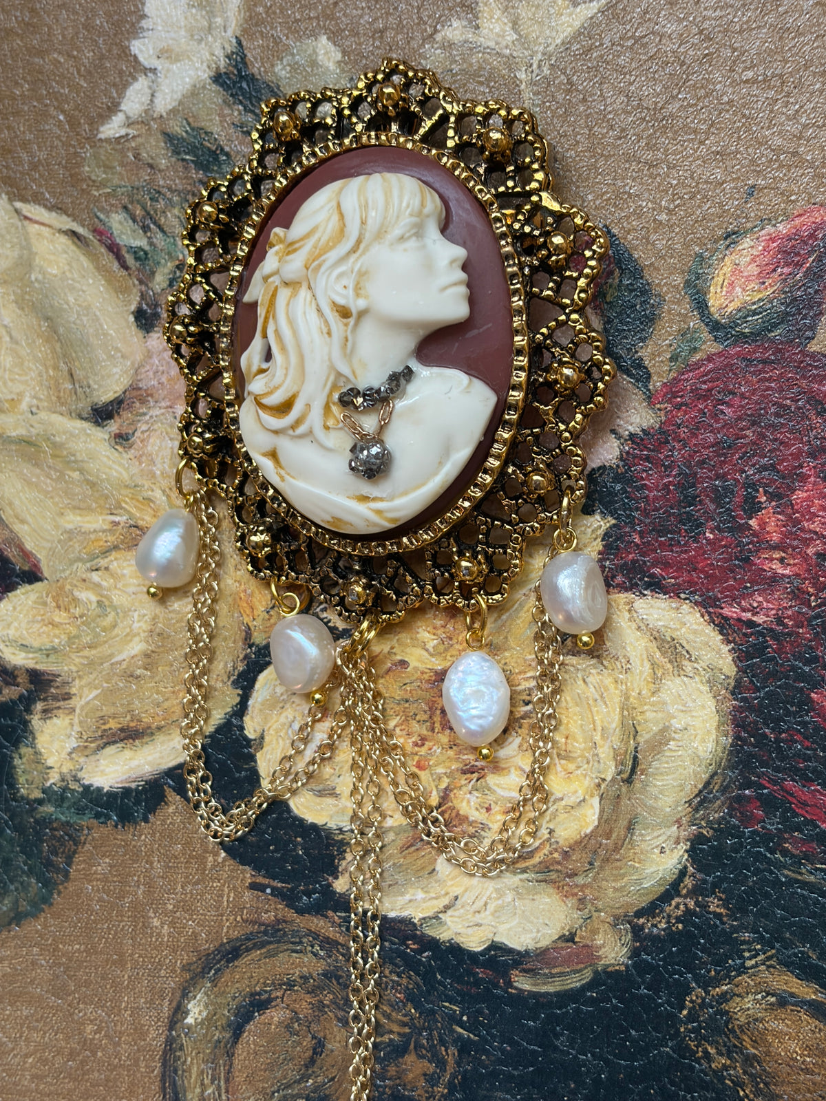 Handmade Victorian Cameo Brooch with Pearl Drops and Gold Swags