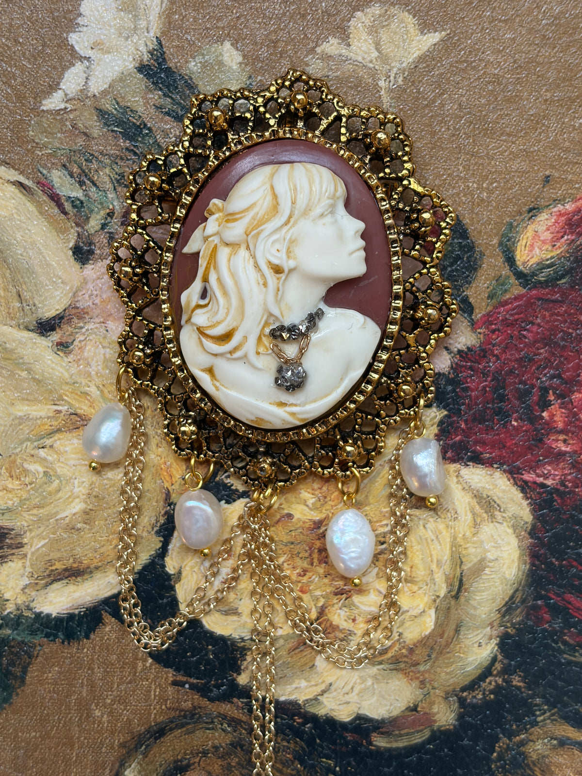 Handmade Victorian Cameo Brooch with Pearl Drops and Gold Swags
