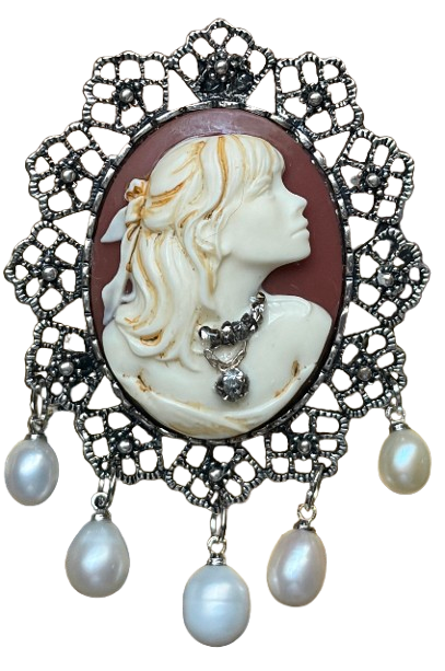 Handmade Victorian Cameo Brooch with Pearl Fringe