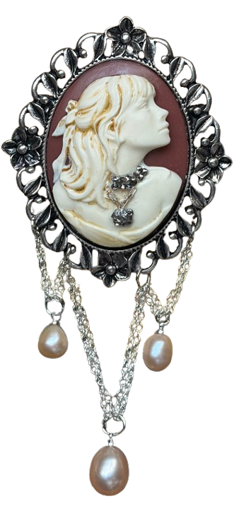 Handmade Victorian Cameo Brooch with Blush Pearl Drops and Chain Swags