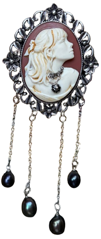 Handmade Victorian Cameo Brooch with Black Pearl Drops