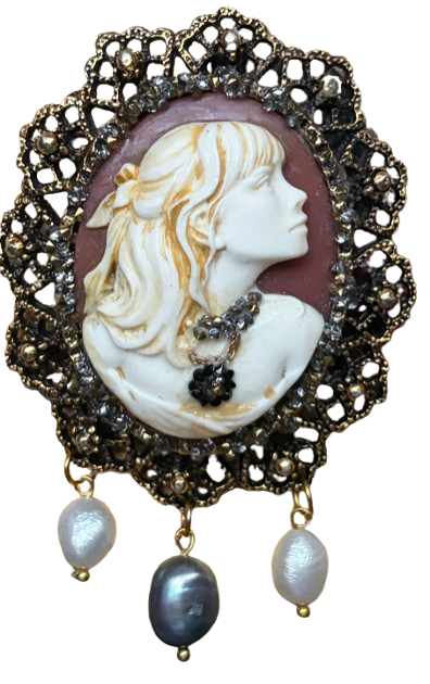 Handmade Victorian Cameo Brooch with Pearl Drops and Rhinestones