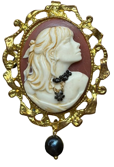 Handmade Victorian Cameo Brooch with Black Pearl Drop and Gold Frame