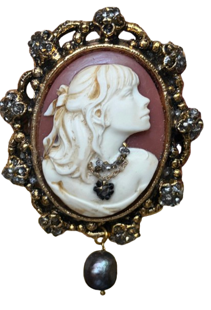 Handmade Victorian Cameo Brooch with Black Pearl Drop and Rhinestones