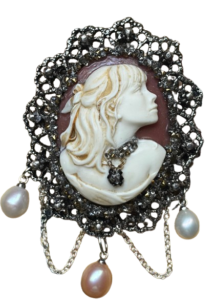 Handmade Victorian Cameo Brooch with Pearl Drops and Chain Swags