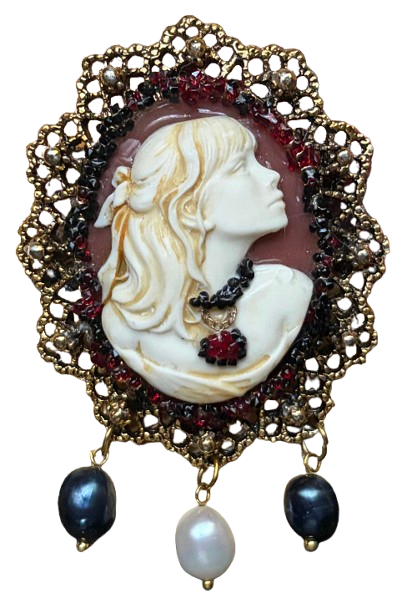 Handmade Victorian Cameo Brooch with Black and White Pearl Drops